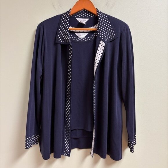 Misook Sweaters - Exclusively Misook Tank Cardigan Set Petite L Quiet Luxury Navy Polka Dot Knit